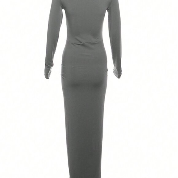 Grey Elegant Women's Ruffled Crew Neck Long Sleeve Fitted Dress - Picture 2 of 4